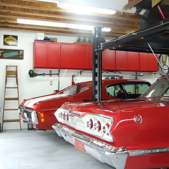 Classic Car Garage with Red Cabinets and Car Lift - Tom from Guyton, GA