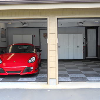Modern Garage with Red Sports Car and Cabinets - Jim from Commack, NY