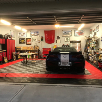 Organized garage with red cabinets and Corvette - Chuck from Newnan, GA