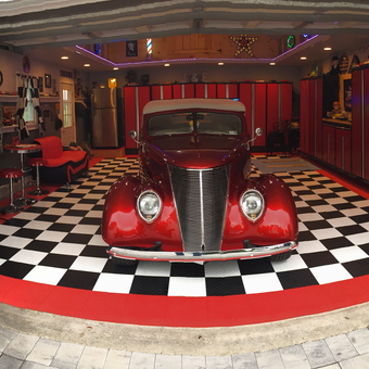 Classic Car Garage with Red Cabinets and Checker Floor - Joey V. from MILLER PLACE, NY