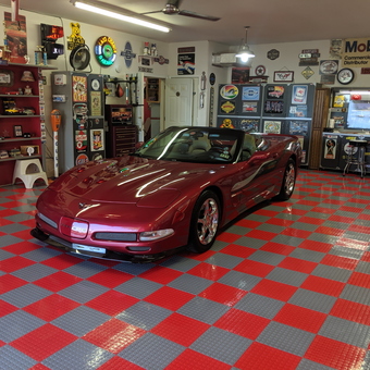 Classic Car Garage with Red Tiles and Wall Signs - Danny from Oneida, IL