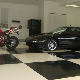 Black and White Checkered Garage Floor with Car and Motorcycle - Ken from New Braunfels, TX