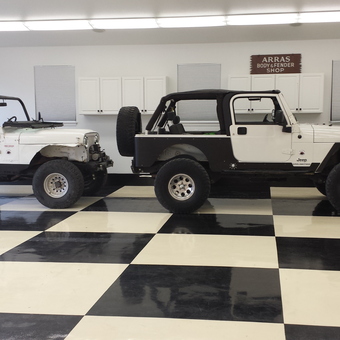Checkered Garage Floor with Jeeps and Storage Cabinets - Ken from New Braunfels, TX