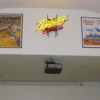 Shiner Bock neon sign and beer posters display - Ken from New Braunfels, TX