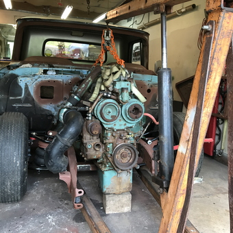 Engine Hoist Lifting Old Truck Motor in Garage - Wesley from Richboro, PA