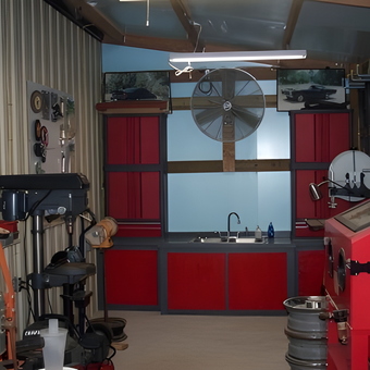 Organized garage workshop with red cabinets and tools - BB4spd from Winona, TX