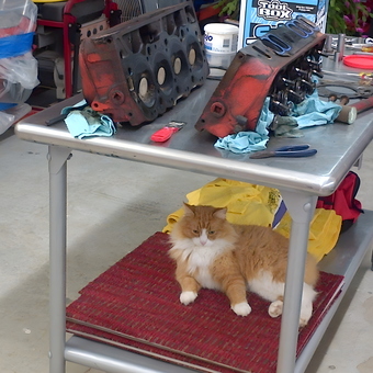 Garage Workbench with Engine Parts and Tools - Jerry