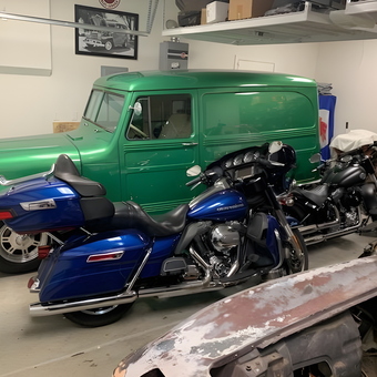 Classic Green Panel Truck and Motorcycles in Garage - Tracee from Corona, CA