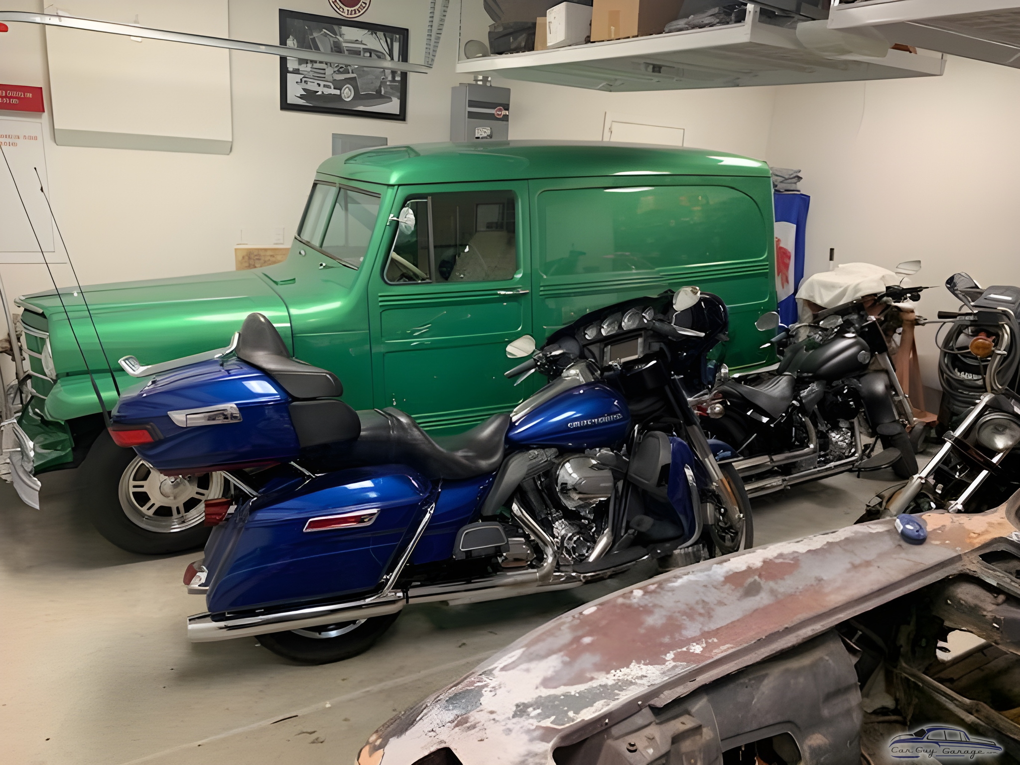 Classic Green Panel Truck and Motorcycles in Garage - Tracee from Corona, CA