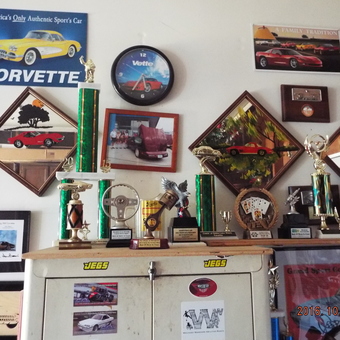 Garage Wall Display with Car Trophies and Corvette Decor - Scotty from Lancaster, OH