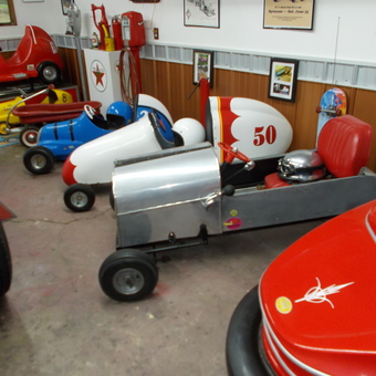 Vintage Pedal Cars and Racing Decor in Garage - John from Shelby, OH