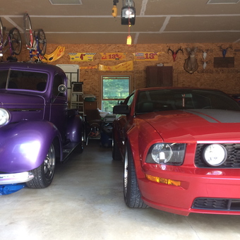 Classic Purple Truck and Red Mustang in Garage - David from Fairmont, WV