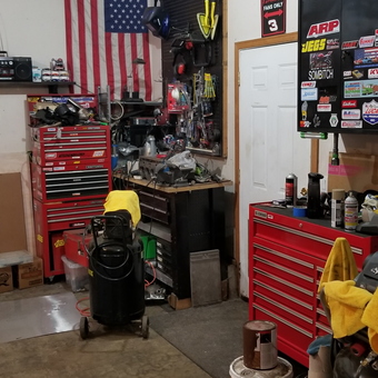 Red tool chests, pegboard, and air compressor garage setup - MJ from Olympia, WA