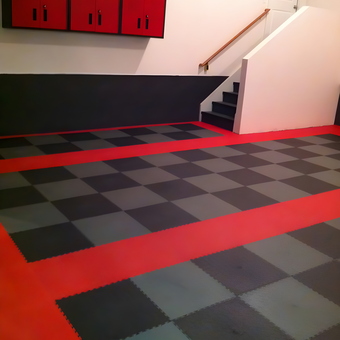 Checkered Garage Floor Tiles and Red Cabinets - Rick from Providence, RI