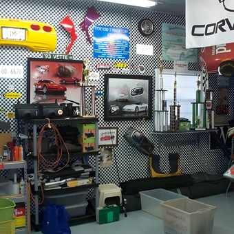Corvette themed garage with wall art and trophies - Roger from Pensacola, FL