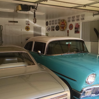 Classic Cars and Route 66 Decor in Organized Garage - John from Tehachapi, CA