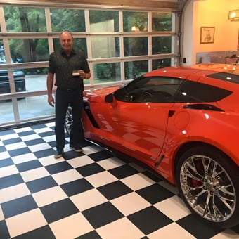 Checkerboard Garage Flooring with Red Sports Car - Ed from Summerville, SC