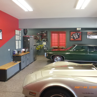 Classic Car Garage with Cabinets and Wall Decor - Lou from St. John, IN