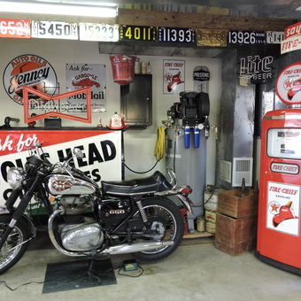 Vintage Motorcycle and Gas Pump with Classic Signs - Ken from Bedford, MA