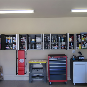 Organized garage with wall cabinets and tool chest - Dave from Danville, CA