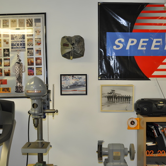 Garage Wall With Drill Press, Grinder, and Speedvision Banner - Bruce from Roanoke, IN