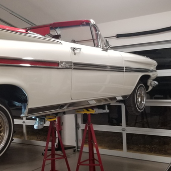 Classic Convertible on Jack Stands in Modern Garage - Grandpa from Stockton, CA