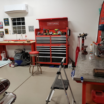Organized garage with red tool chest and workbenches - Grandpa from Stockton, CA
