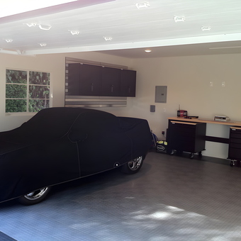 Garage With Covered Car, Cabinets, Workbenches - Charles from Arcadia, CA