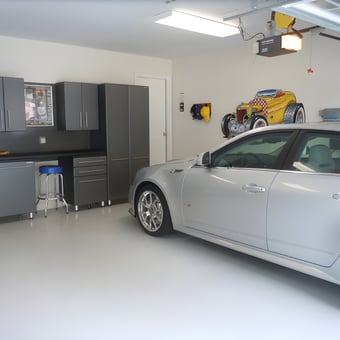 Modern Garage Cabinets With Silver Car and Wall Decor - Rusty