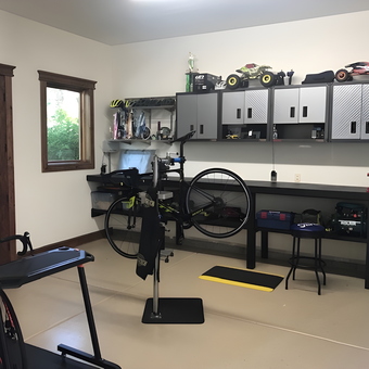 Organized garage with bike repair stand and storage cabinets - CONNELL from BOISE, ID
