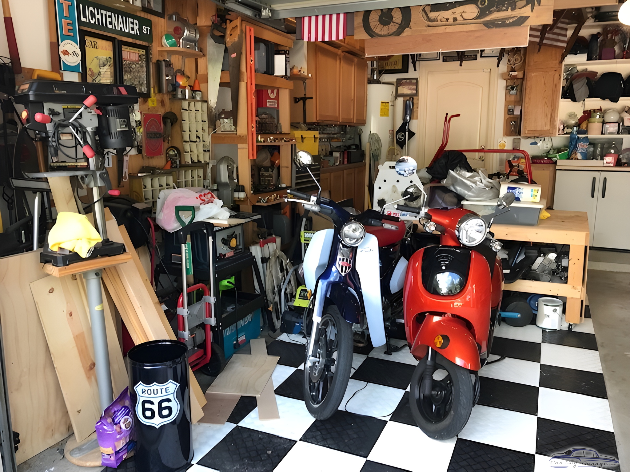 Organized garage with scooters, tools, and Route 66 decor - Mike from Houston, TX