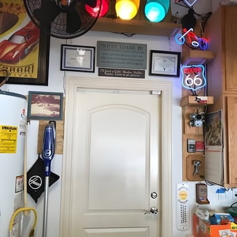 Garage Wall Decor with Neon Signs and Traffic Lights - Mike from Houston, TX