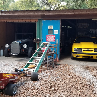 Classic Car Garage with Tools and Yellow Mustang - Lightnin from Barnwell, SC