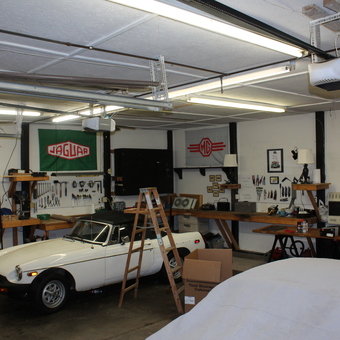 Classic Car Garage with Tools and British Decor - Nigel from Downs, IL