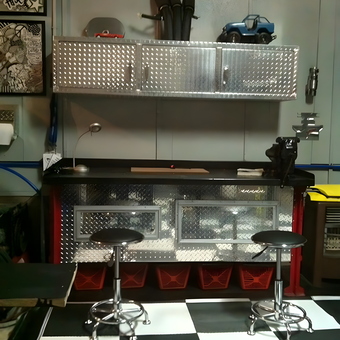 Diamond Plate Cabinets and Stools in Organized Garage - Tom from Siler City, NC