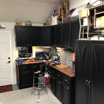Black Garage Cabinets with Wood Countertops and Bar Stool - Kent from Wichita, KS