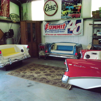 Classic Car Couch Garage Decor with Retro Signs - Daniel from Austin, TX