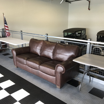 Garage lounge with brown leather sofa and folding tables - Ron from Birmingham, MI