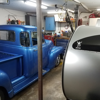 Classic Blue Truck and Teardrop Trailer in Organized Garage - Dave from Summerville, SC