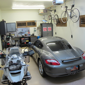 Organized garage with Porsche, motorcycle, and bike storage - Mark from Henderson, NV