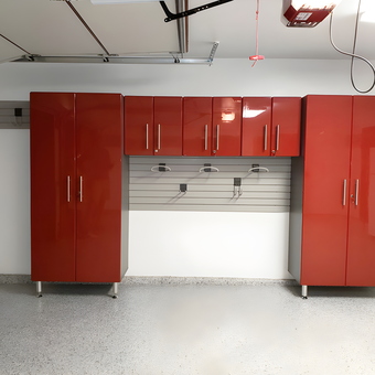 Modern Red Garage Cabinets and Slatwall Storage - Tom