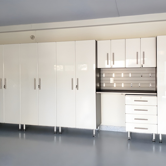 Modern white garage cabinets with drawers and workbench - Tom