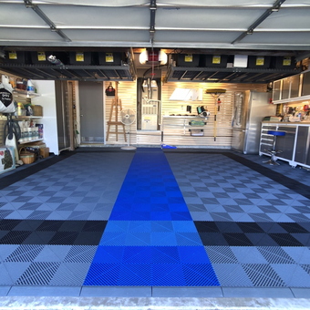 Organized garage with modular floor tiles and storage racks - Michael from Thousand Oaks, CA