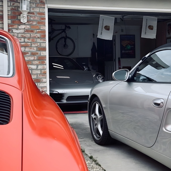 Porsche Garage with Banners and Wall Cabinets - PorscheRB from Campbell, CA