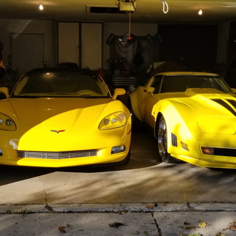 Yellow Corvettes in Home Garage with Cabinets - Donta from Flint, MI