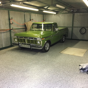 Classic Green Ford Truck in Organized Metal Garage - Capt Ron from Seattle, WA