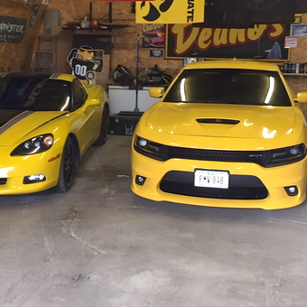 Yellow Corvette and Charger in Organized Garage - Deano from George, IA