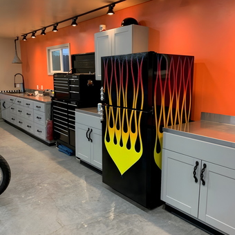 Custom flame refrigerator and tool chests in garage - Cave man from Grover Beach, CA
