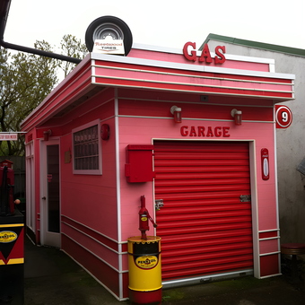 Retro Pink Garage With Gas Sign and Decor - Sandie from Portland, OR