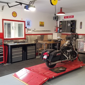 Organized garage with motorcycle lift and tool storage - Mathew from Charlotte, NC